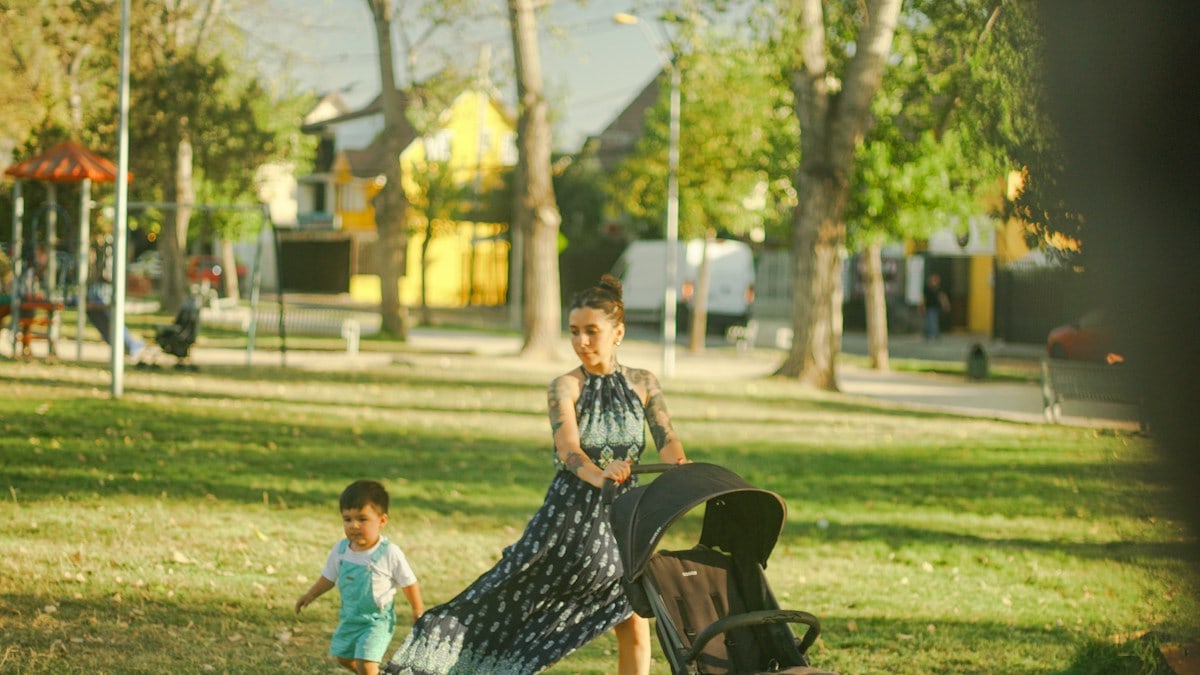 a woman pushing a stroller with a child in a park